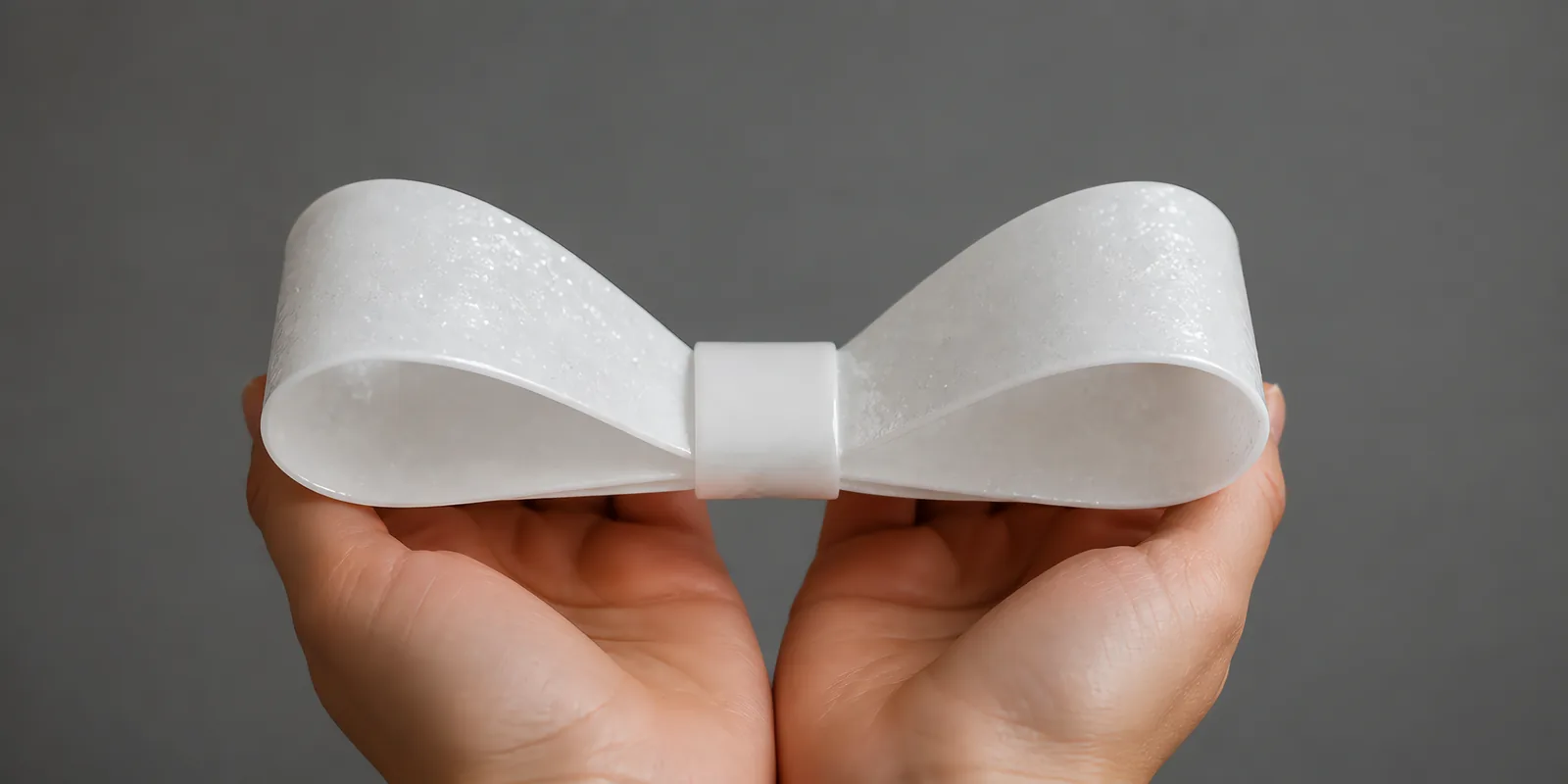 Manos sosteniendo un moño de papel plata lunar con glitter
