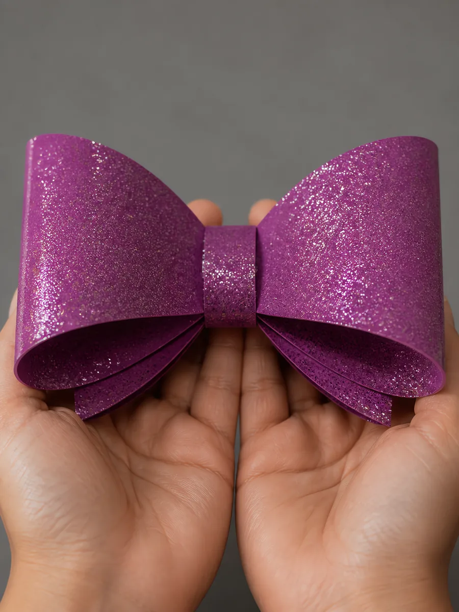 Manos sosteniendo un moño de papel púrpura con glitter