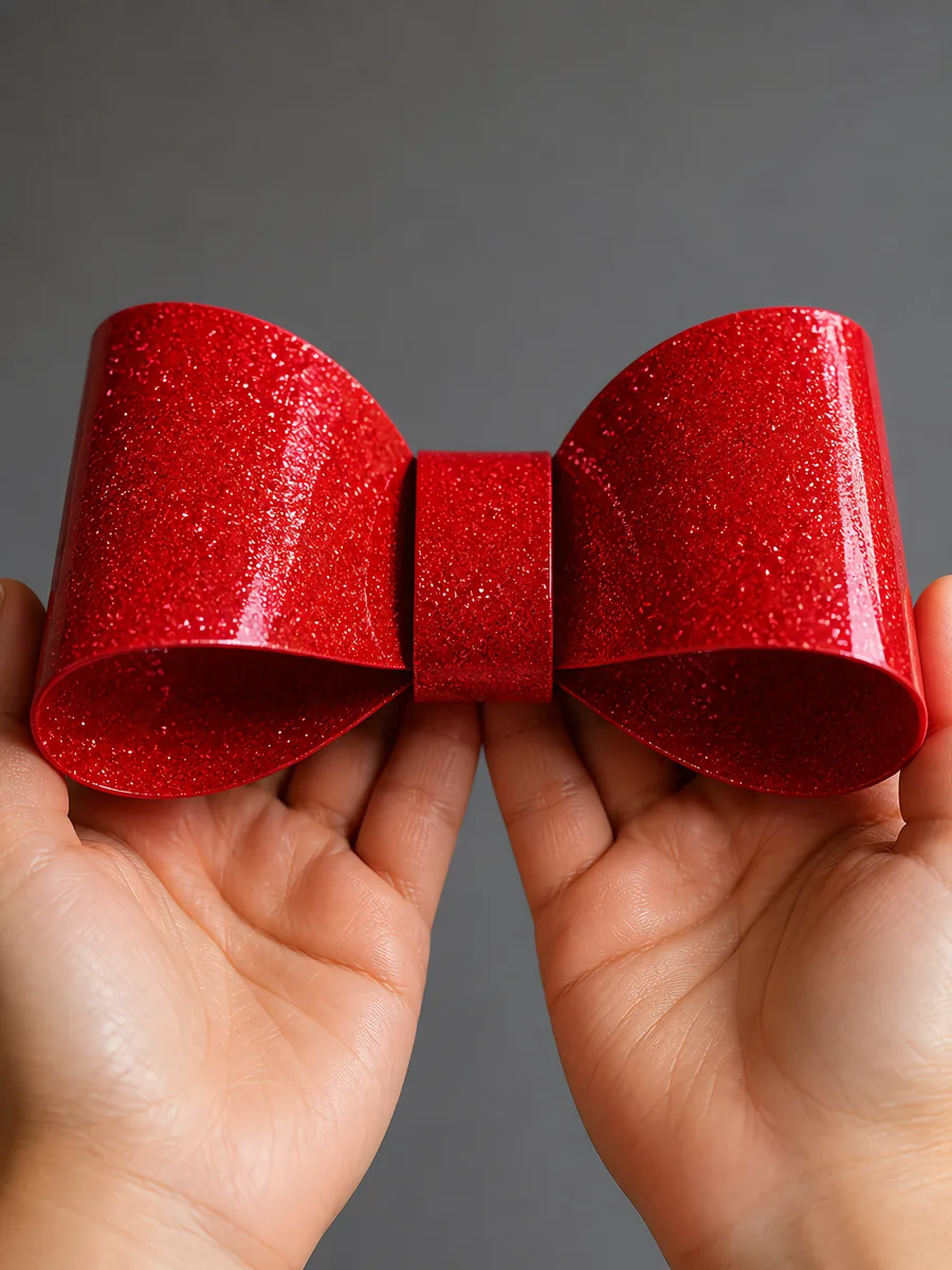 Manos sosteniendo un moño de papel rojo escarlata con glitter