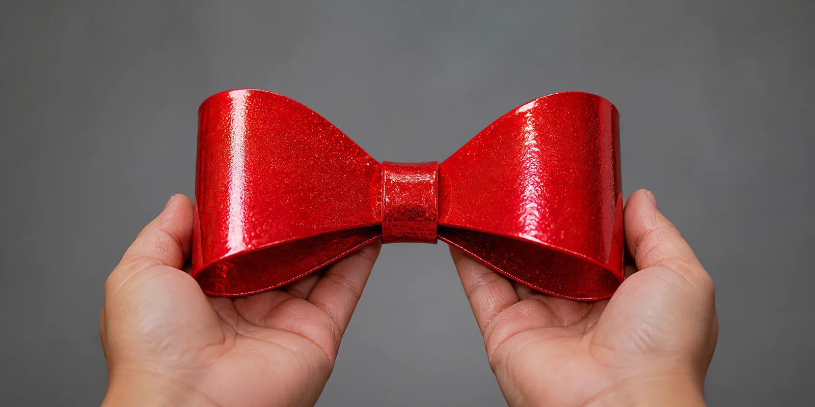 Manos sosteniendo un moño de papel rojo escarlata con glitter