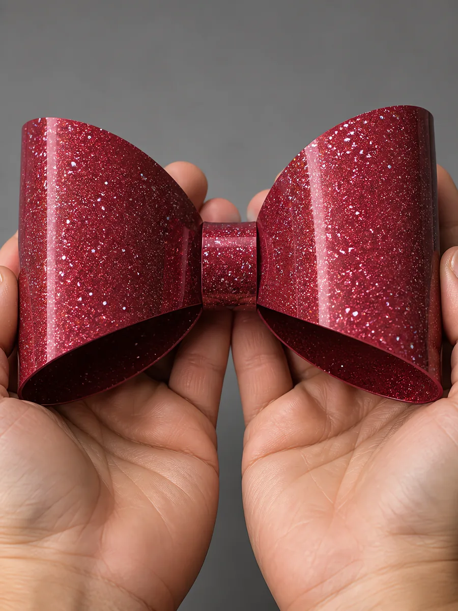 Manos sosteniendo un moño de papel rojo granate con glitter