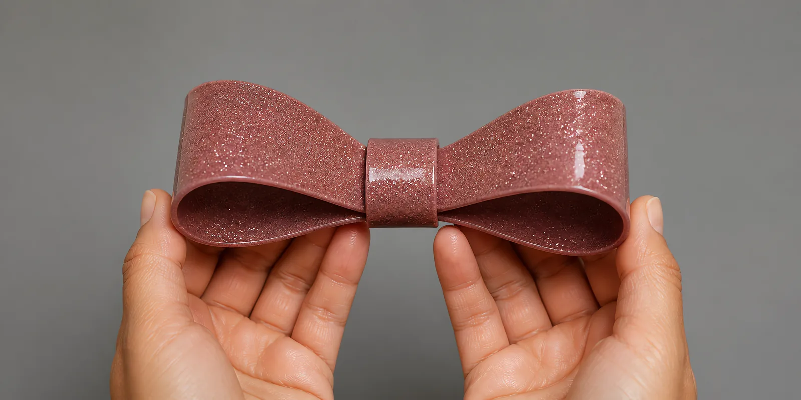 Manos sosteniendo un moño de papel rosa champagne con glitter