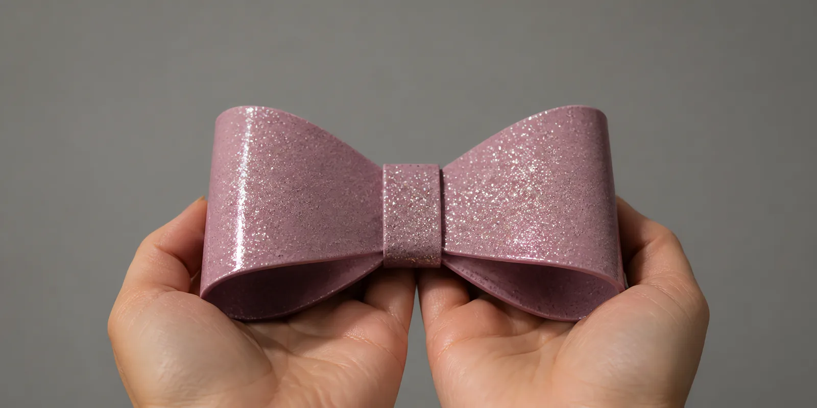 Manos sosteniendo un moño de papel rosa flamenco con glitter