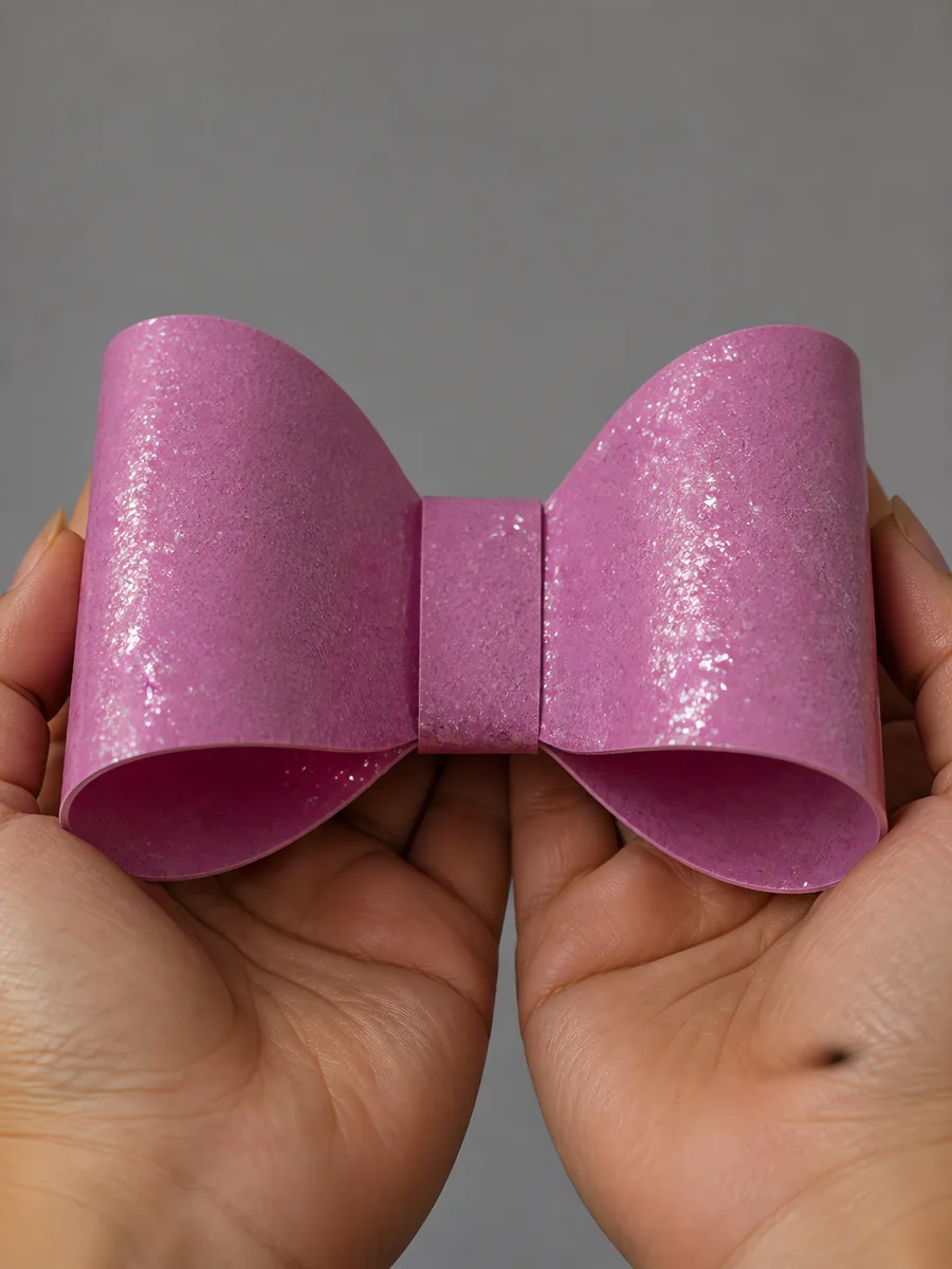 Manos sosteniendo un moño de papel rosa perla con glitter