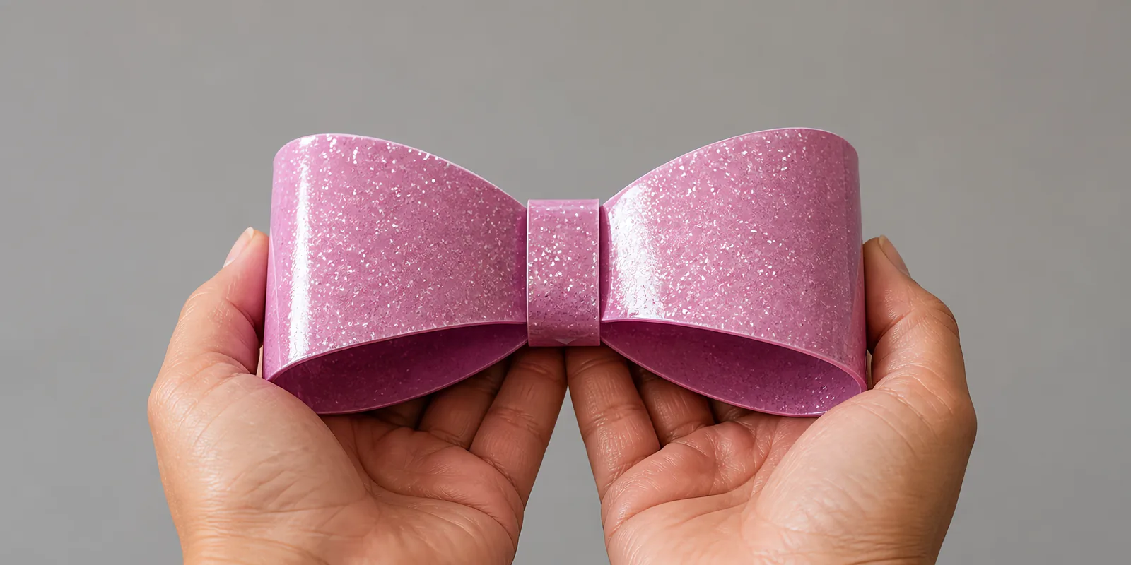 Manos sosteniendo un moño de papel rosa perla con glitter