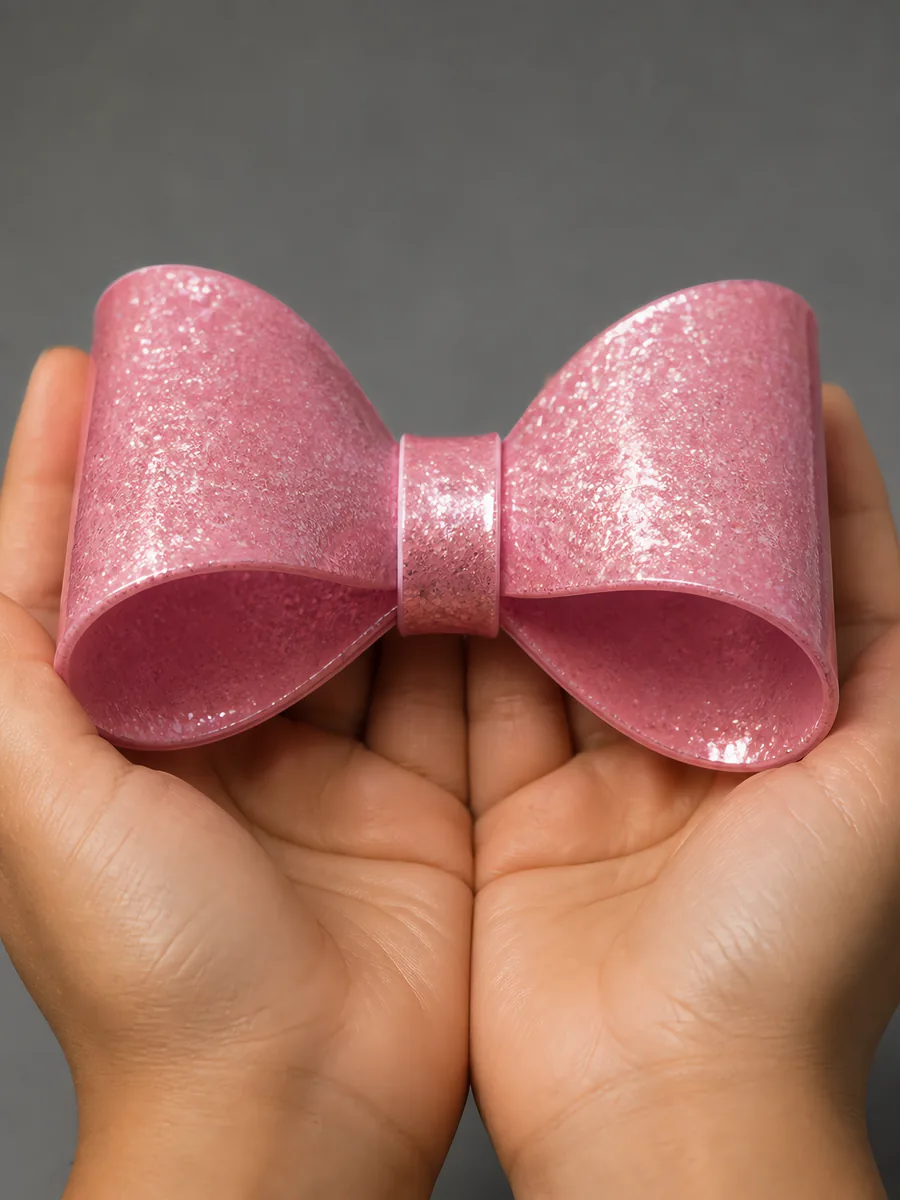 Manos sosteniendo un moño de papel rosa viejo con glitter