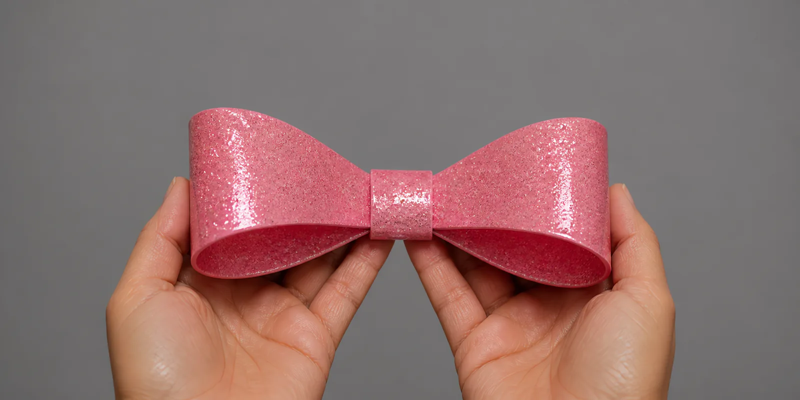 Manos sosteniendo un moño de papel rosa viejo con glitter