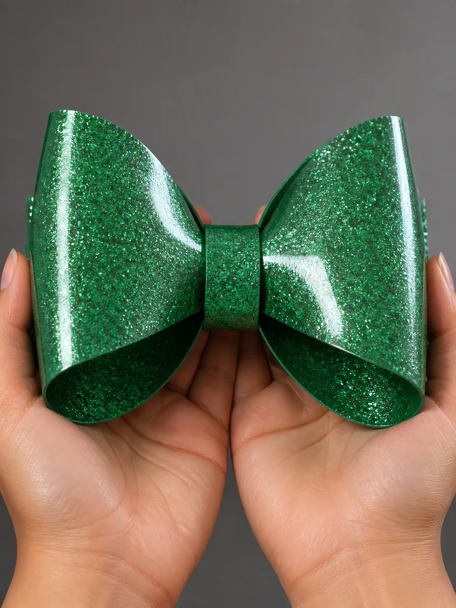 Manos sosteniendo un moño de papel verde jade con glitter