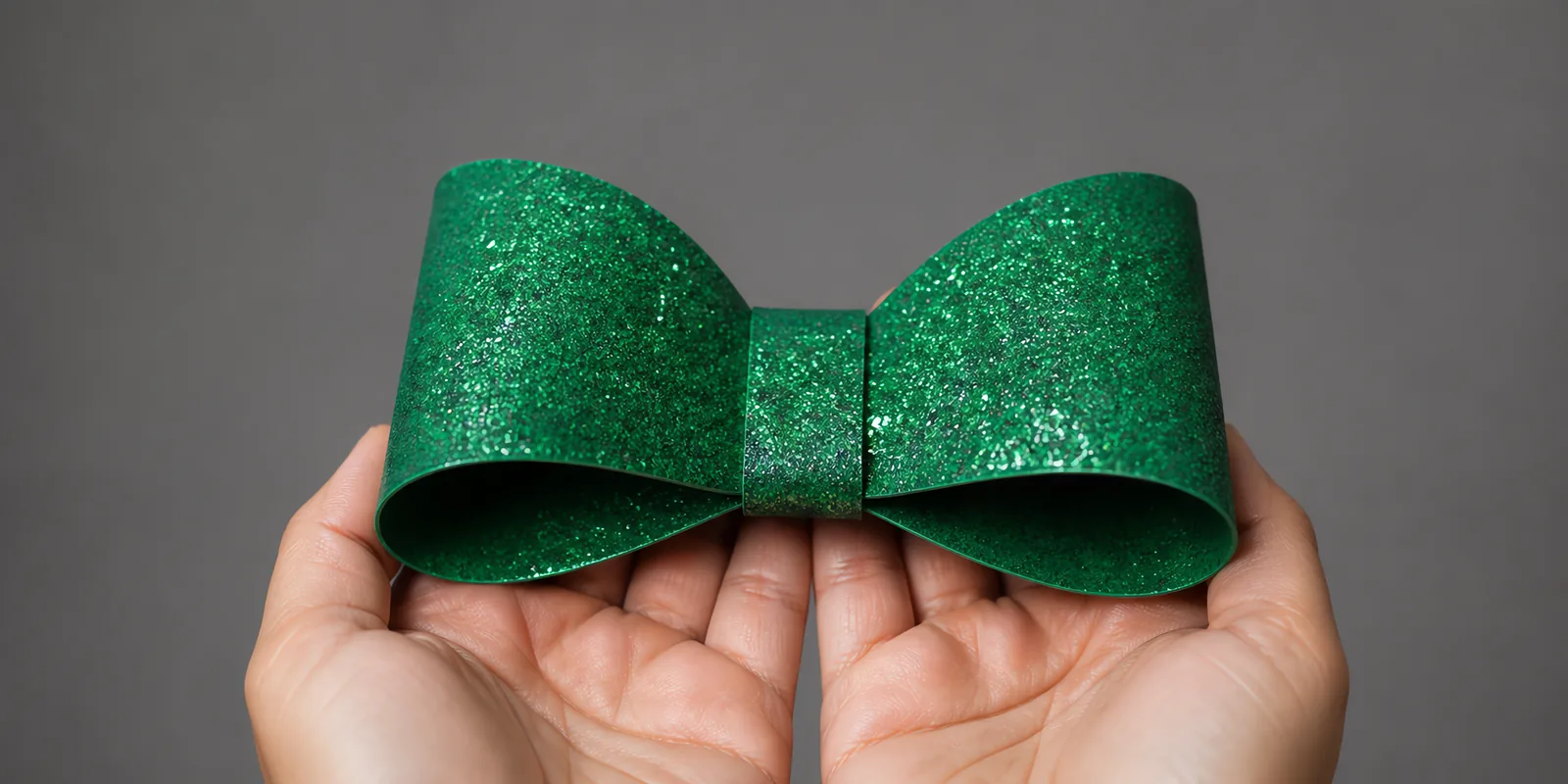 Manos sosteniendo un moño de papel verde jade con glitter