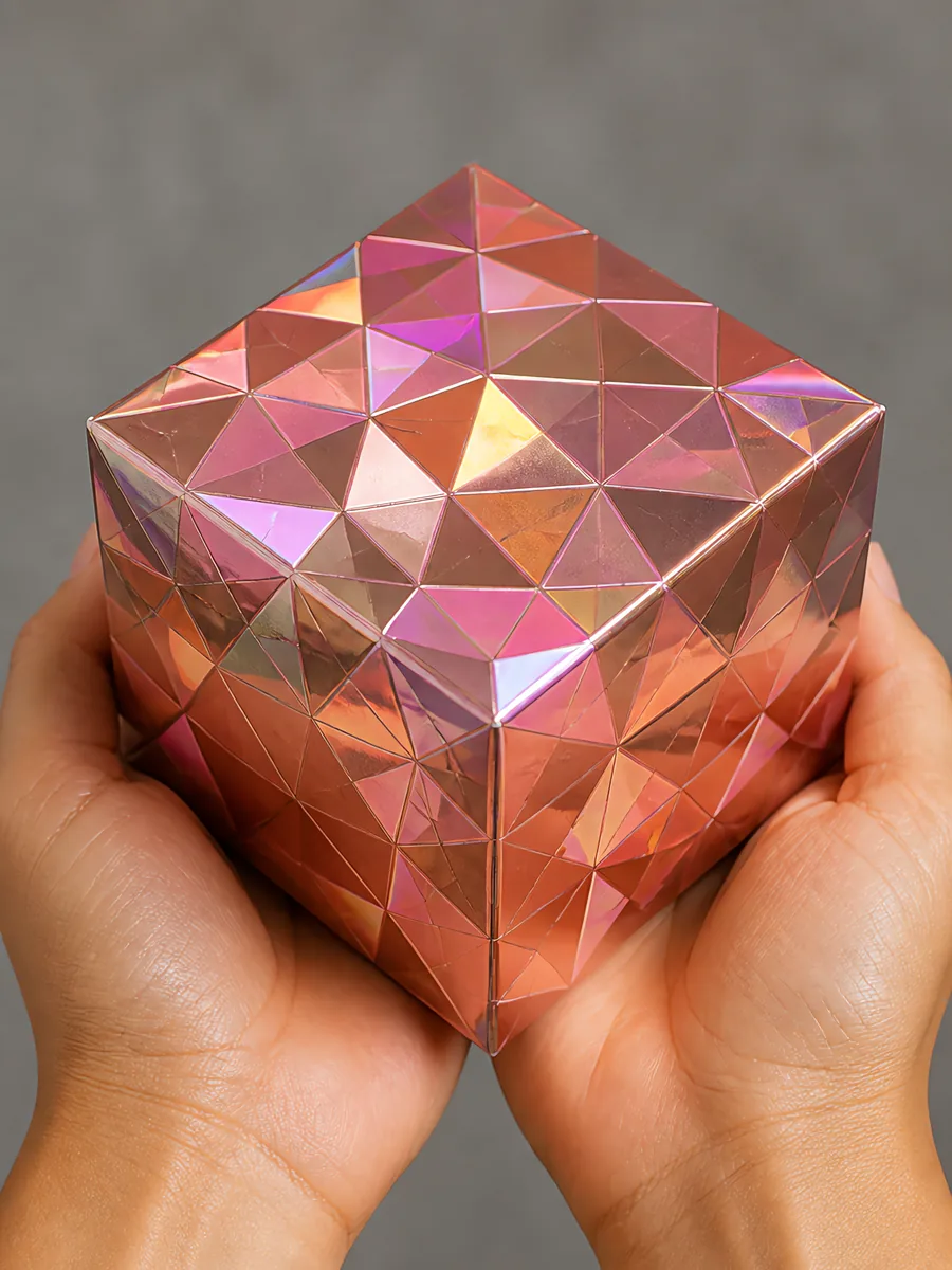 Manos sosteniendo una cajita armada con una hoja de Metalina en el acabado diamante rosa
