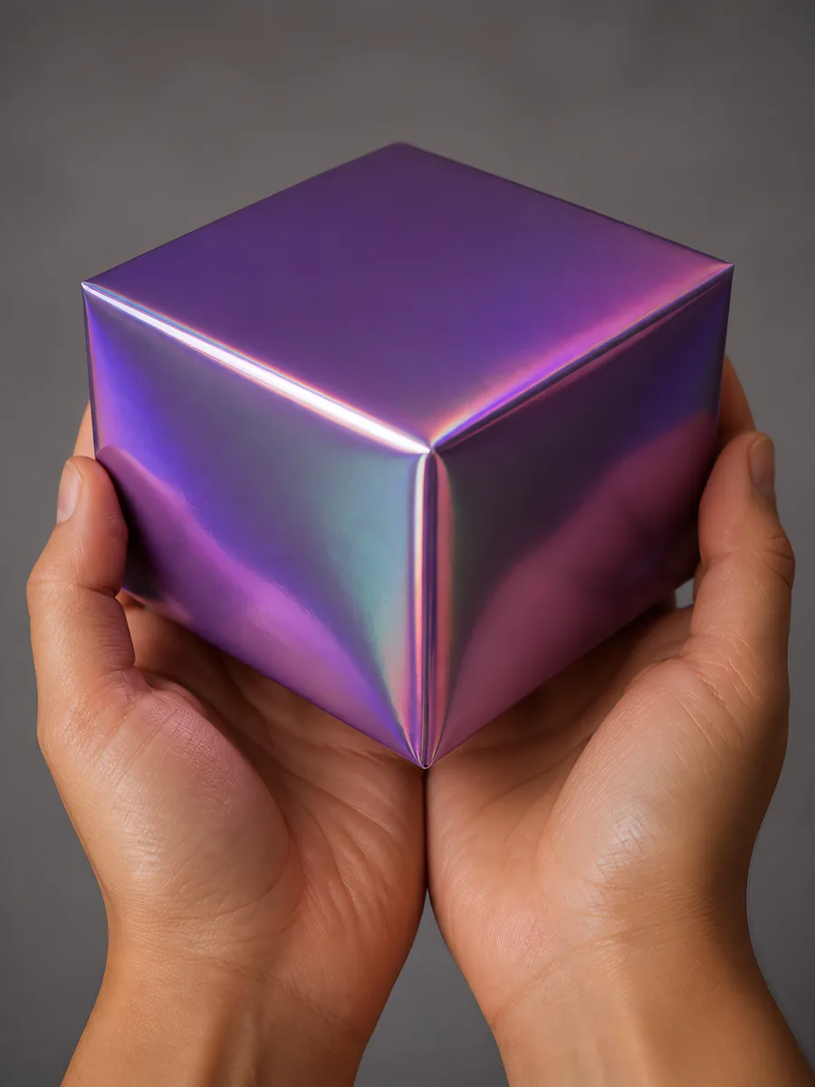 Manos sosteniendo una cajita armada con una hoja de Metalina en el acabado morado brillante