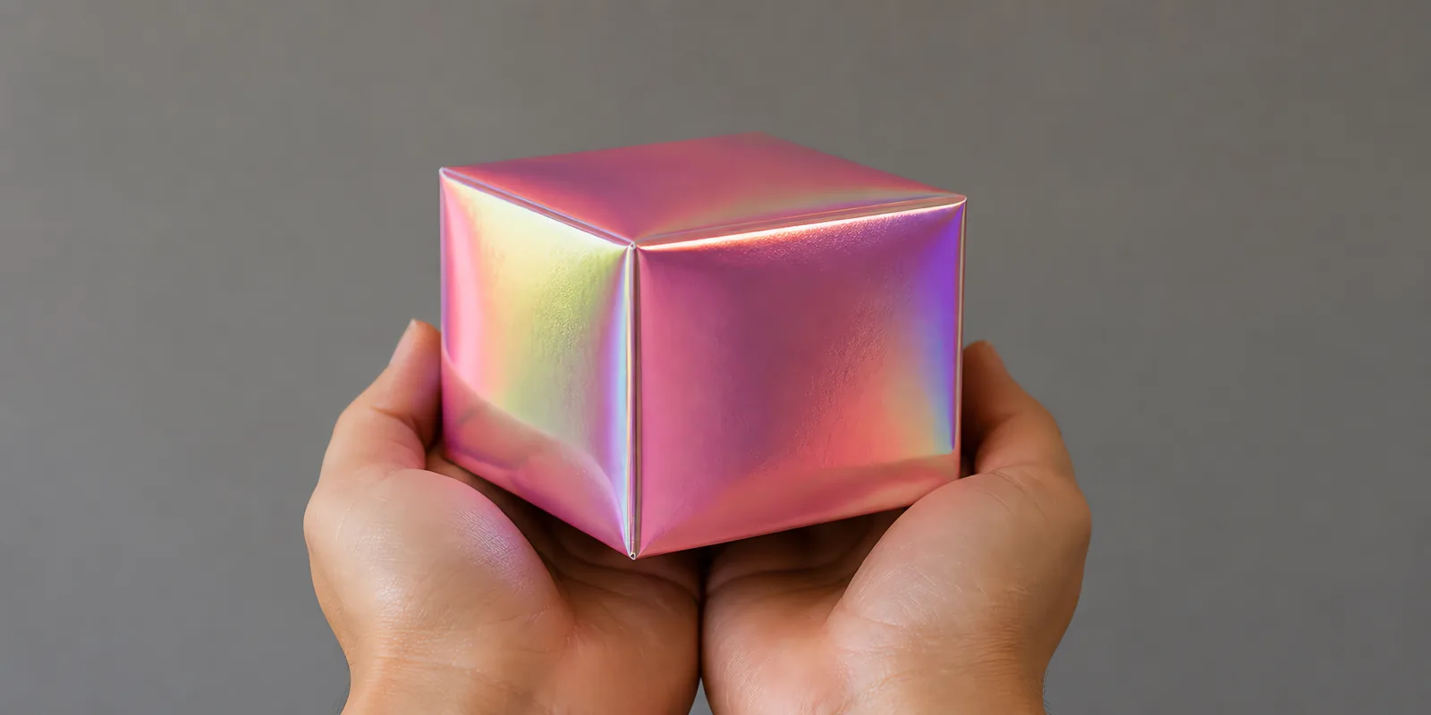 Manos sosteniendo una cajita armada con una hoja de Metalina en el acabado rosa gold