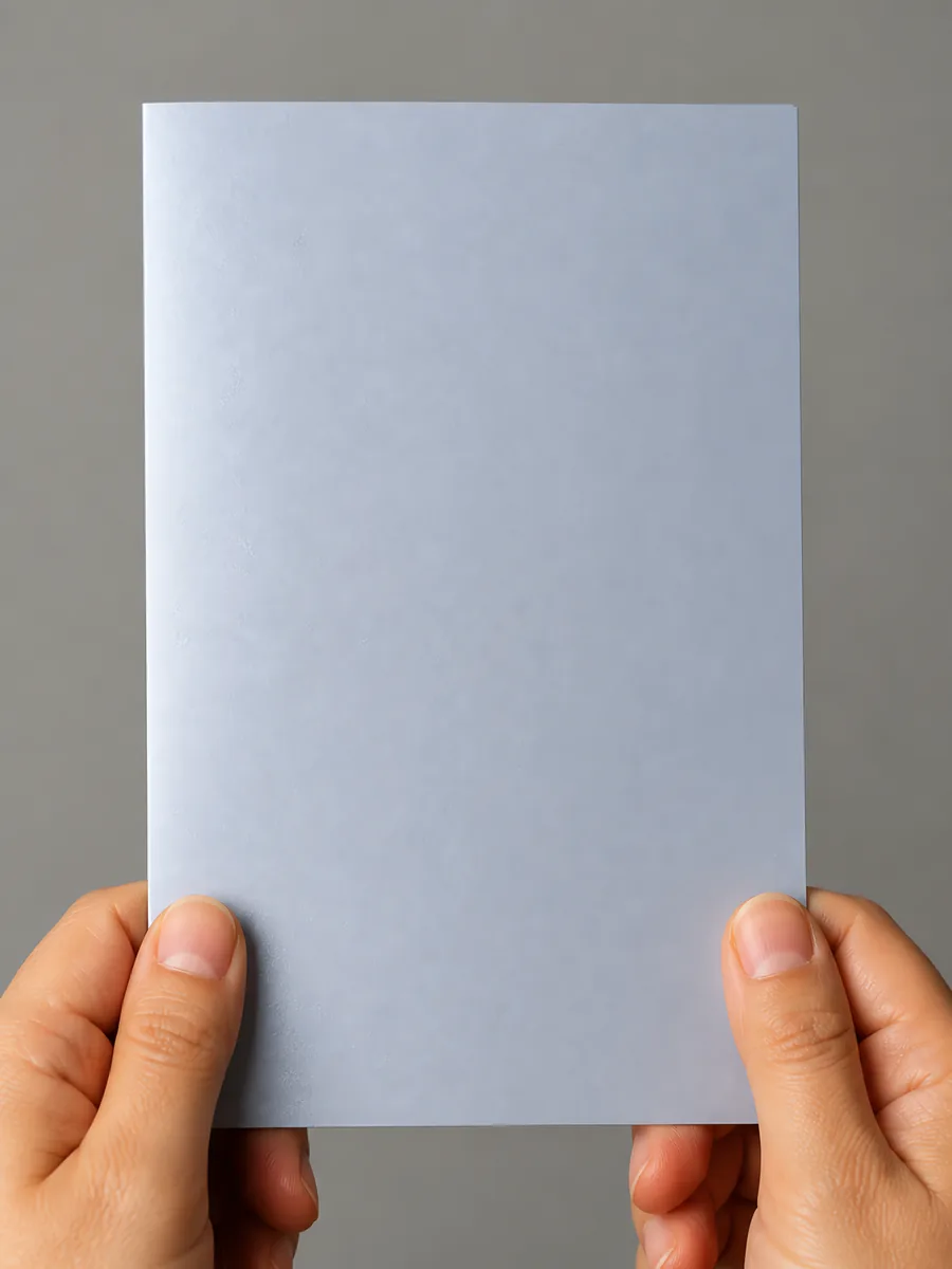 Manos sosteniendo una tarjeta doblada en papel perlado blanco