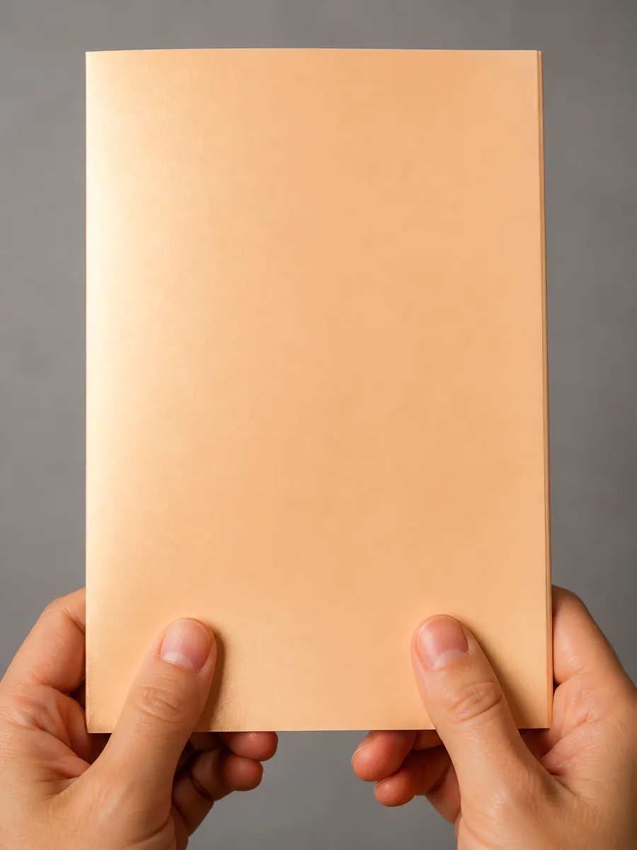 Manos sosteniendo una tarjeta doblada en papel perlado bronce