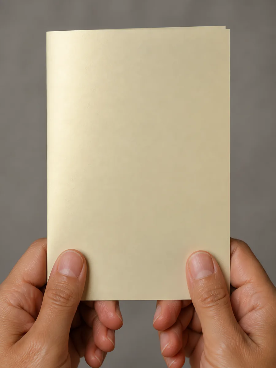 Manos sosteniendo una tarjeta doblada en papel perlado crema