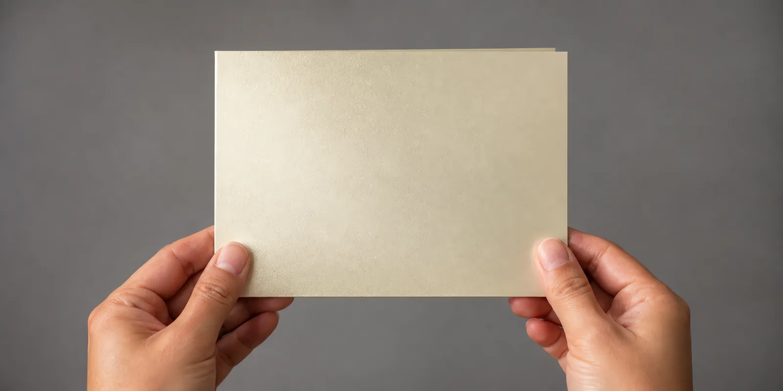 Manos sosteniendo una tarjeta doblada en papel perlado crema