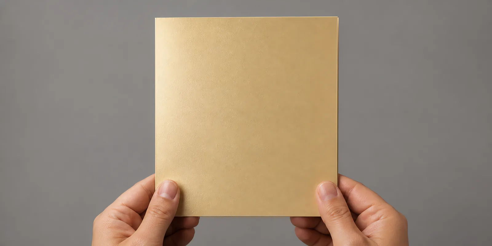 Manos sosteniendo una tarjeta doblada en papel perlado dorado