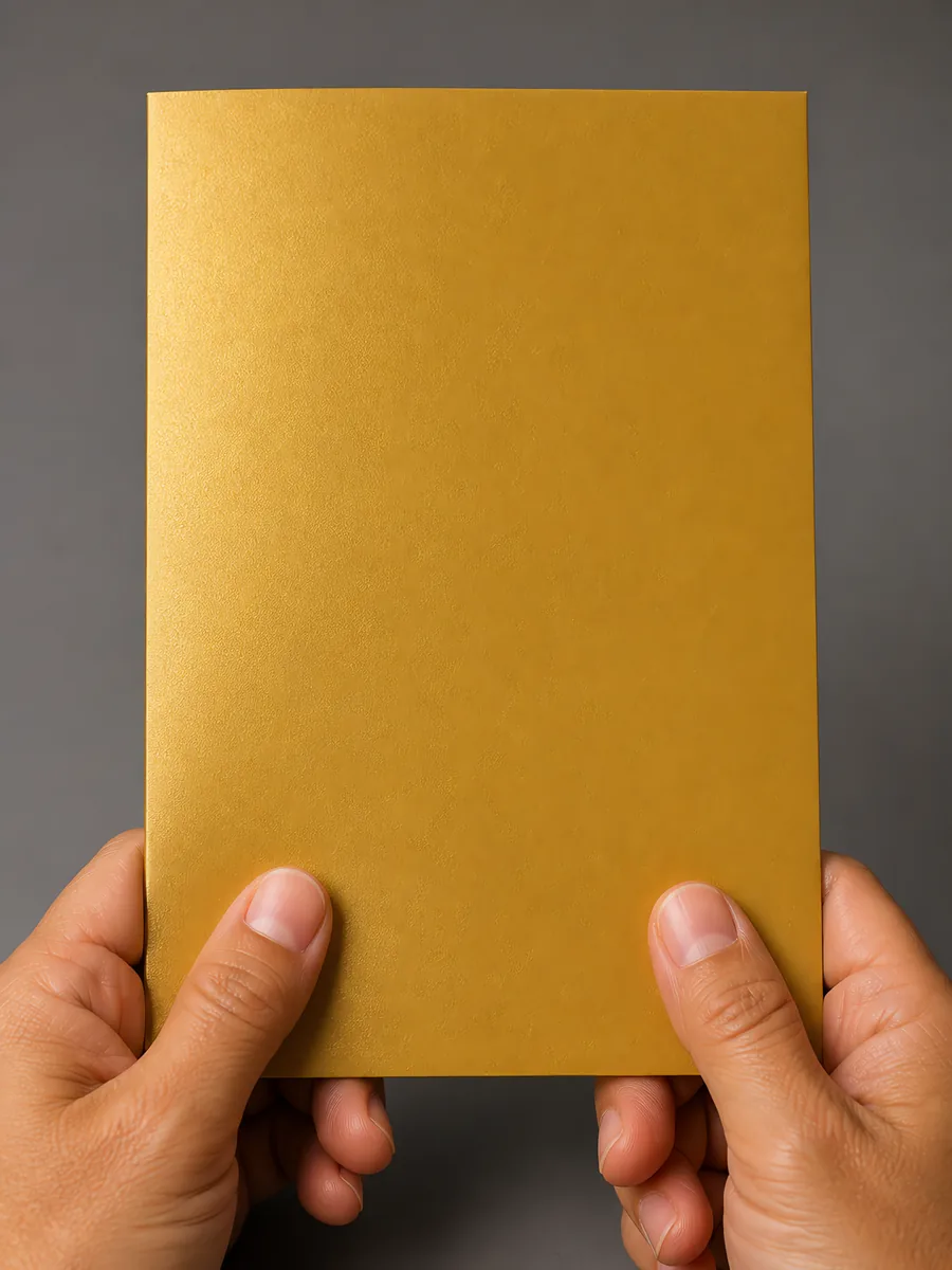Manos sosteniendo una tarjeta doblada en papel perlado oro oscuro