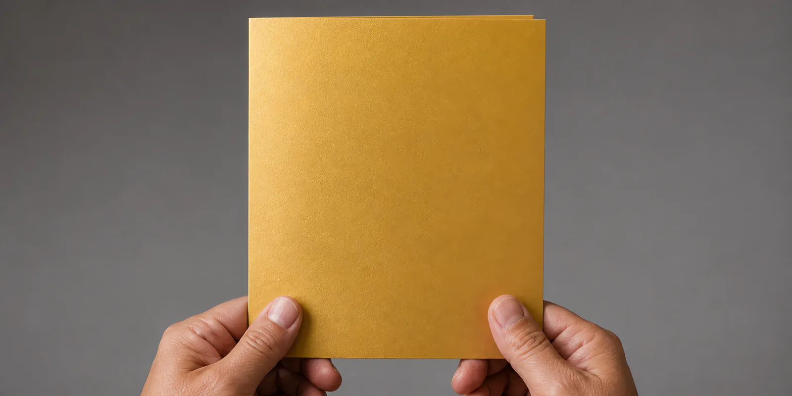 Manos sosteniendo una tarjeta doblada en papel perlado oro oscuro