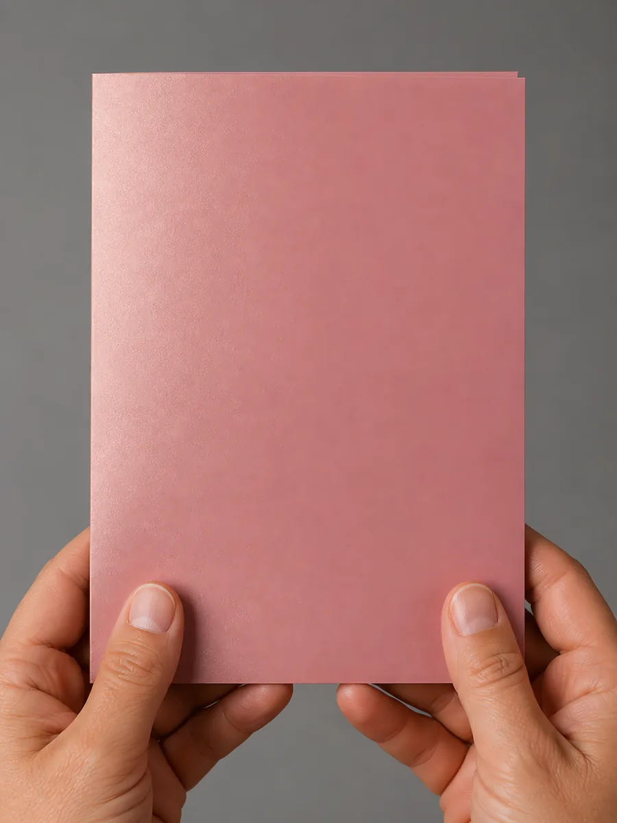 Manos sosteniendo una tarjeta doblada en papel perlado rosado