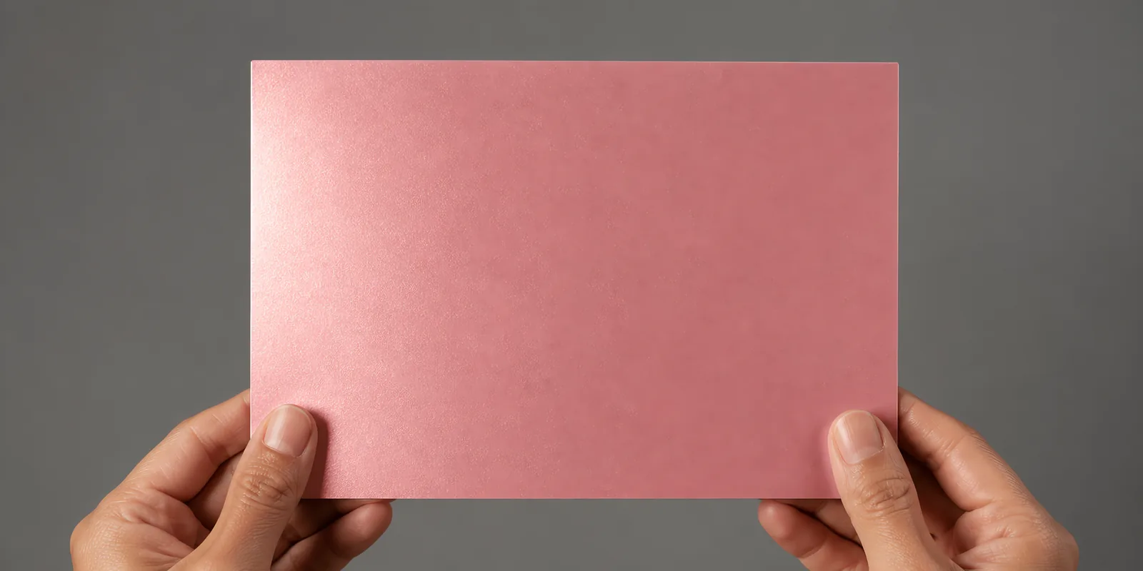 Manos sosteniendo una tarjeta doblada en papel perlado rosado
