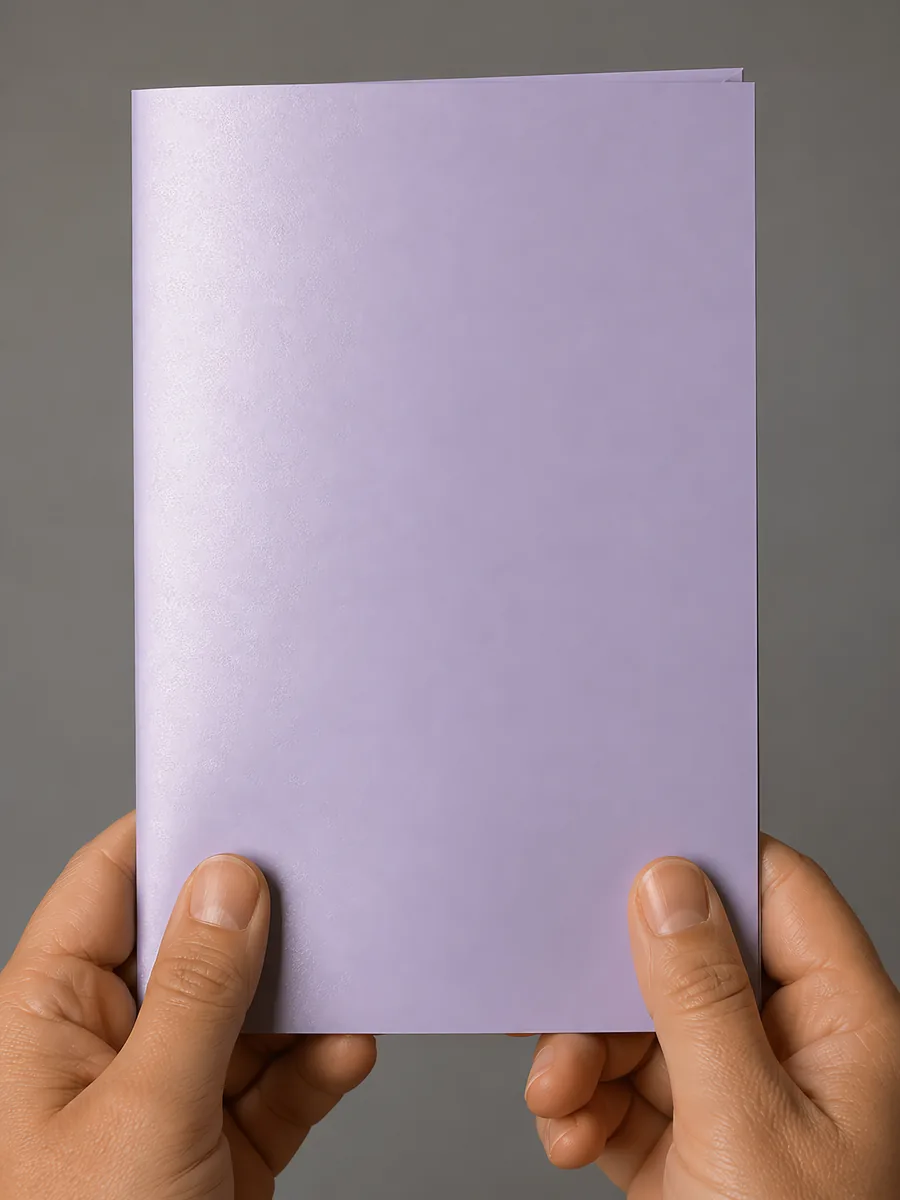 Manos sosteniendo una tarjeta doblada en papel perlado violeta