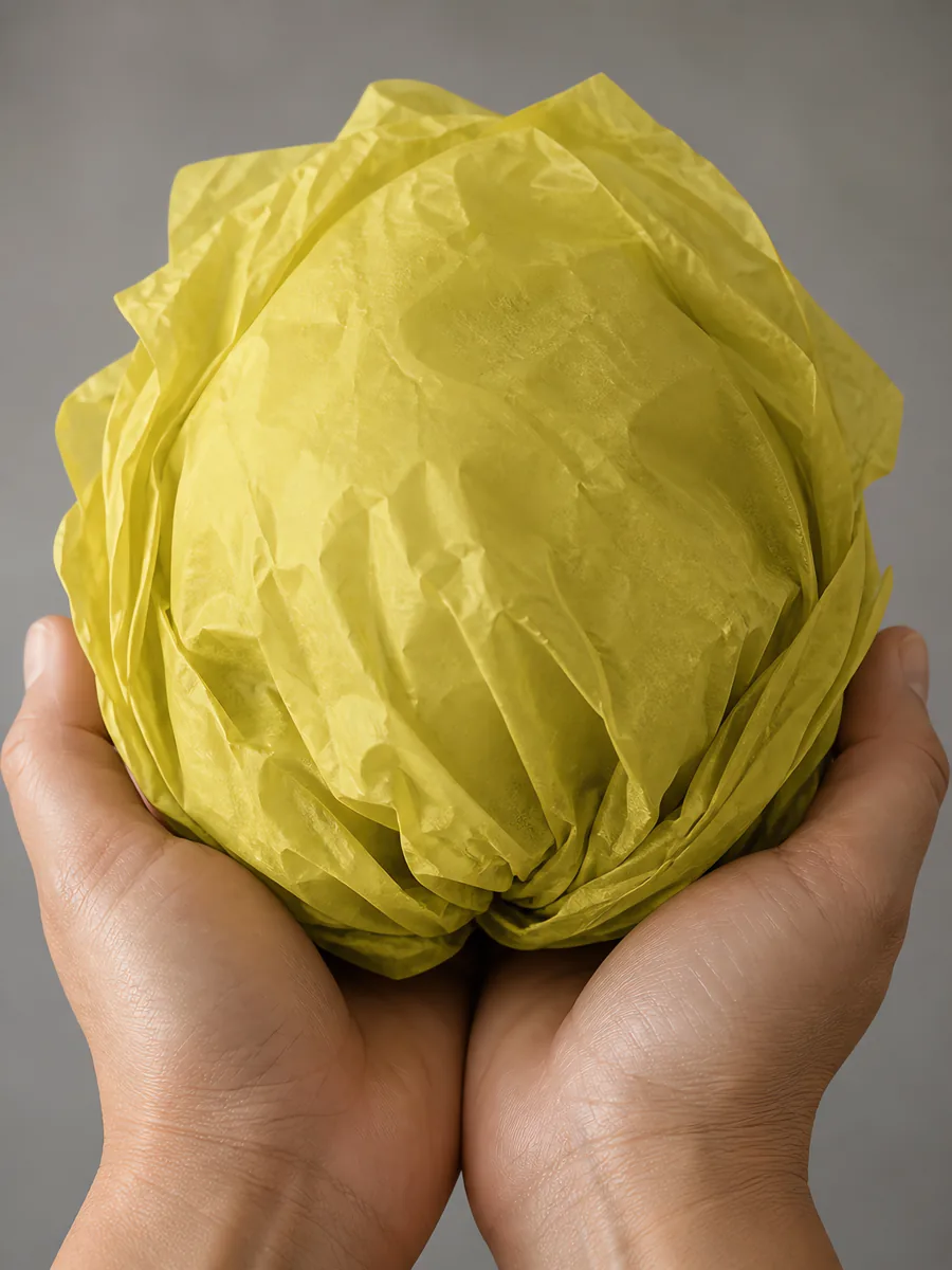 Manos sosteniendo desde abajo un envoltorio de papel seda amarillo ocre