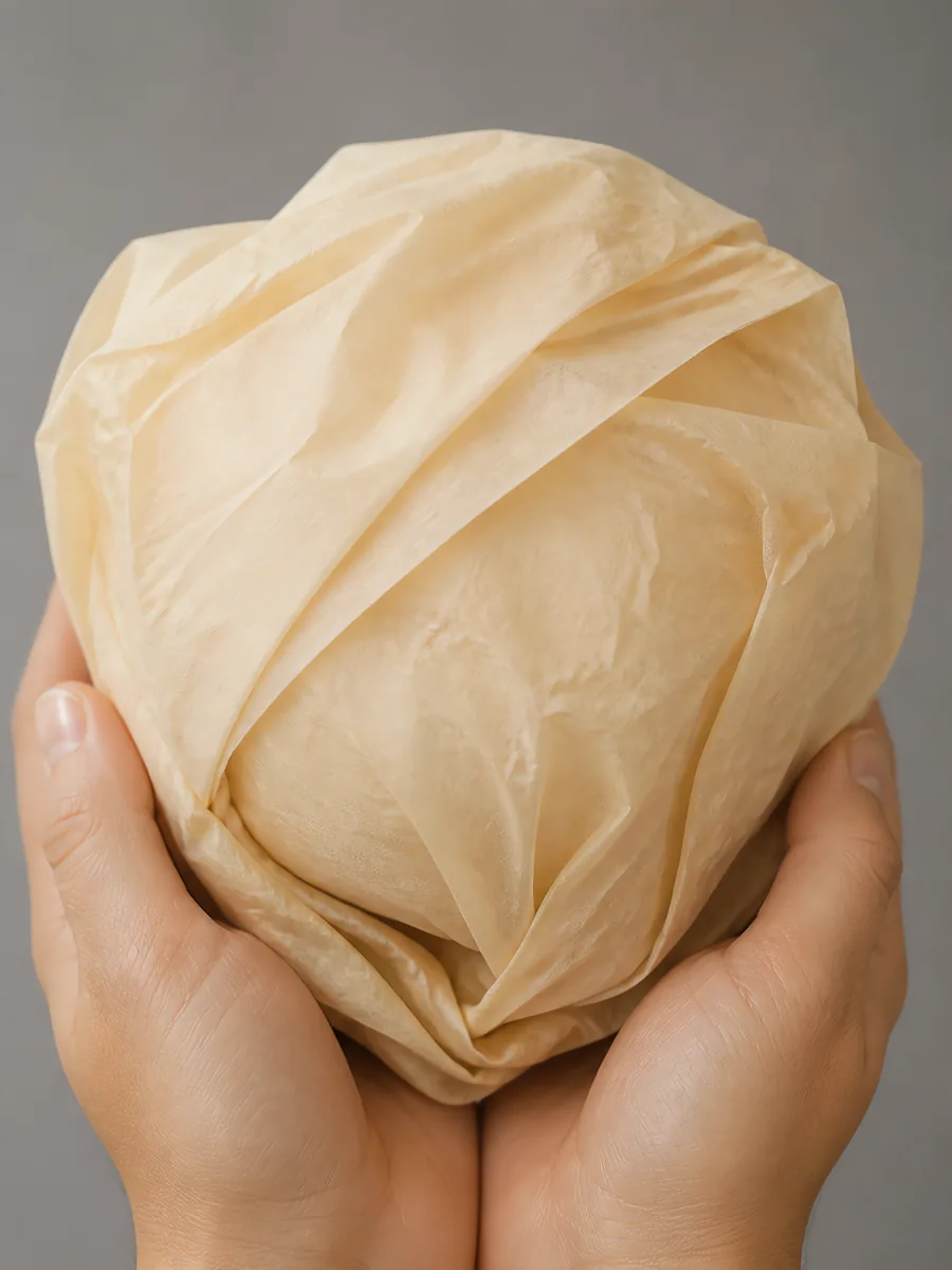 Manos sosteniendo desde abajo un envoltorio de papel seda beige