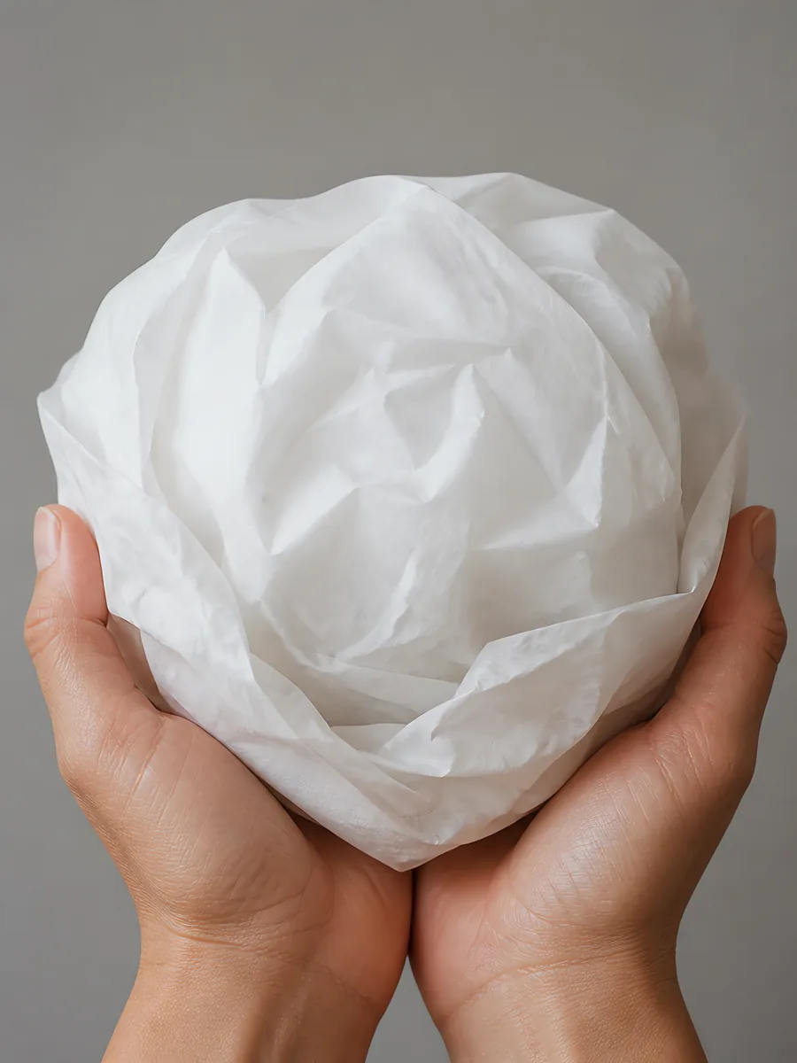 Manos sosteniendo desde abajo un envoltorio de papel seda blanco perlado