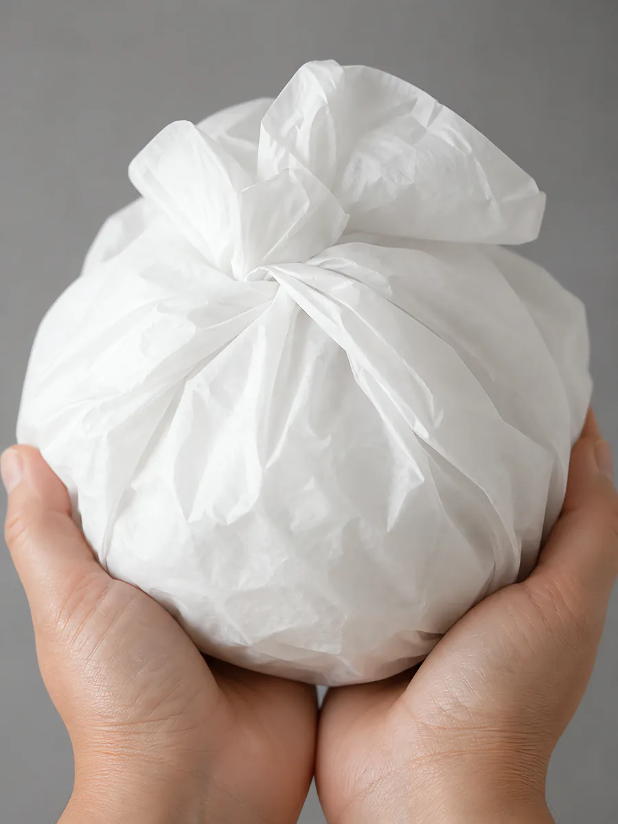 Manos sosteniendo desde abajo un envoltorio de papel seda blanco