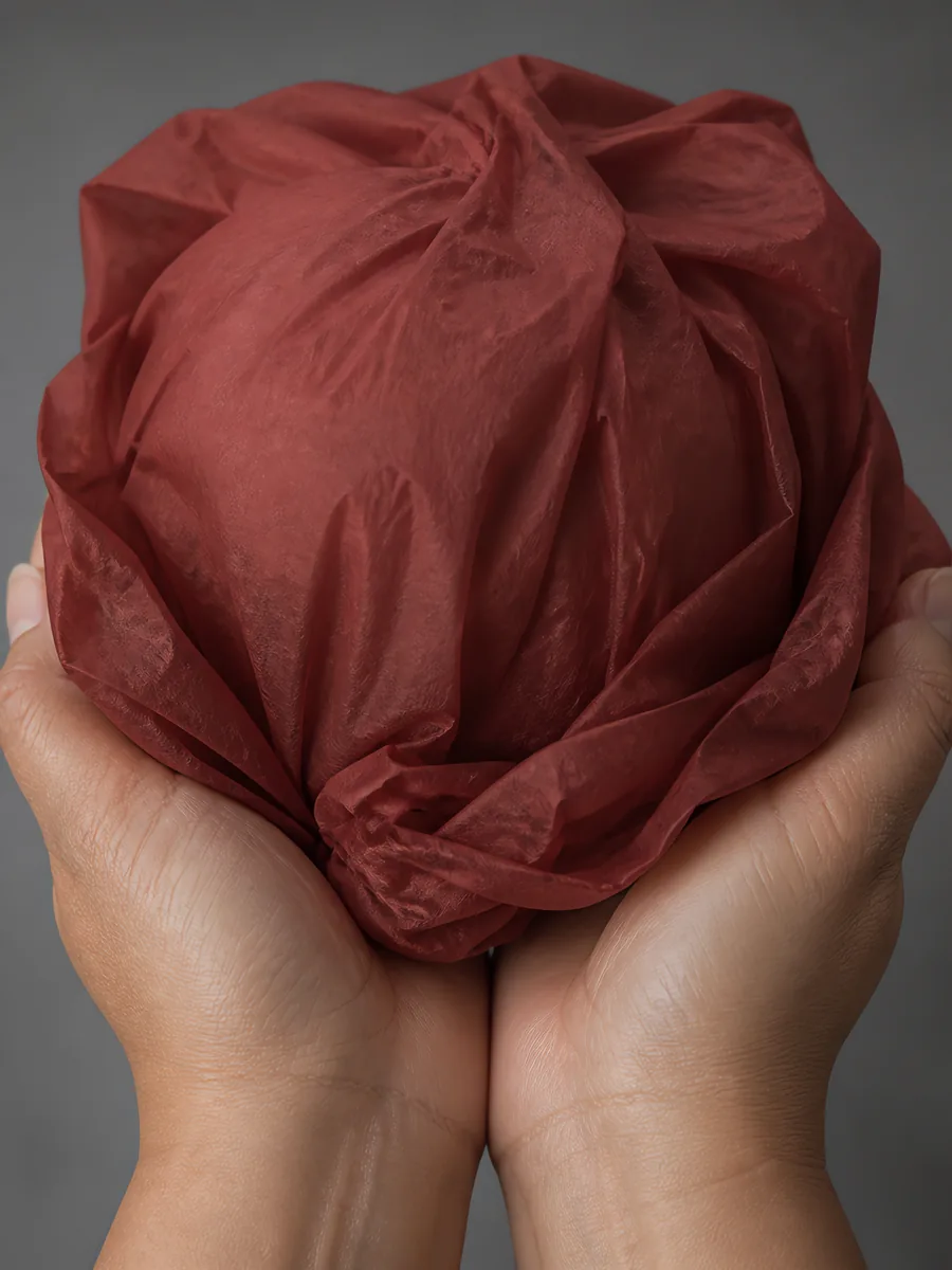 Manos sosteniendo desde abajo un envoltorio de papel seda bordo