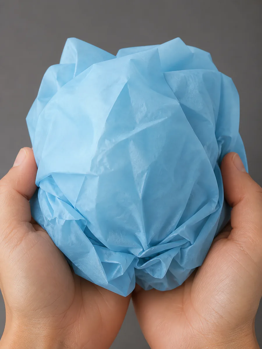 Manos sosteniendo desde abajo un envoltorio de papel seda celeste pastel