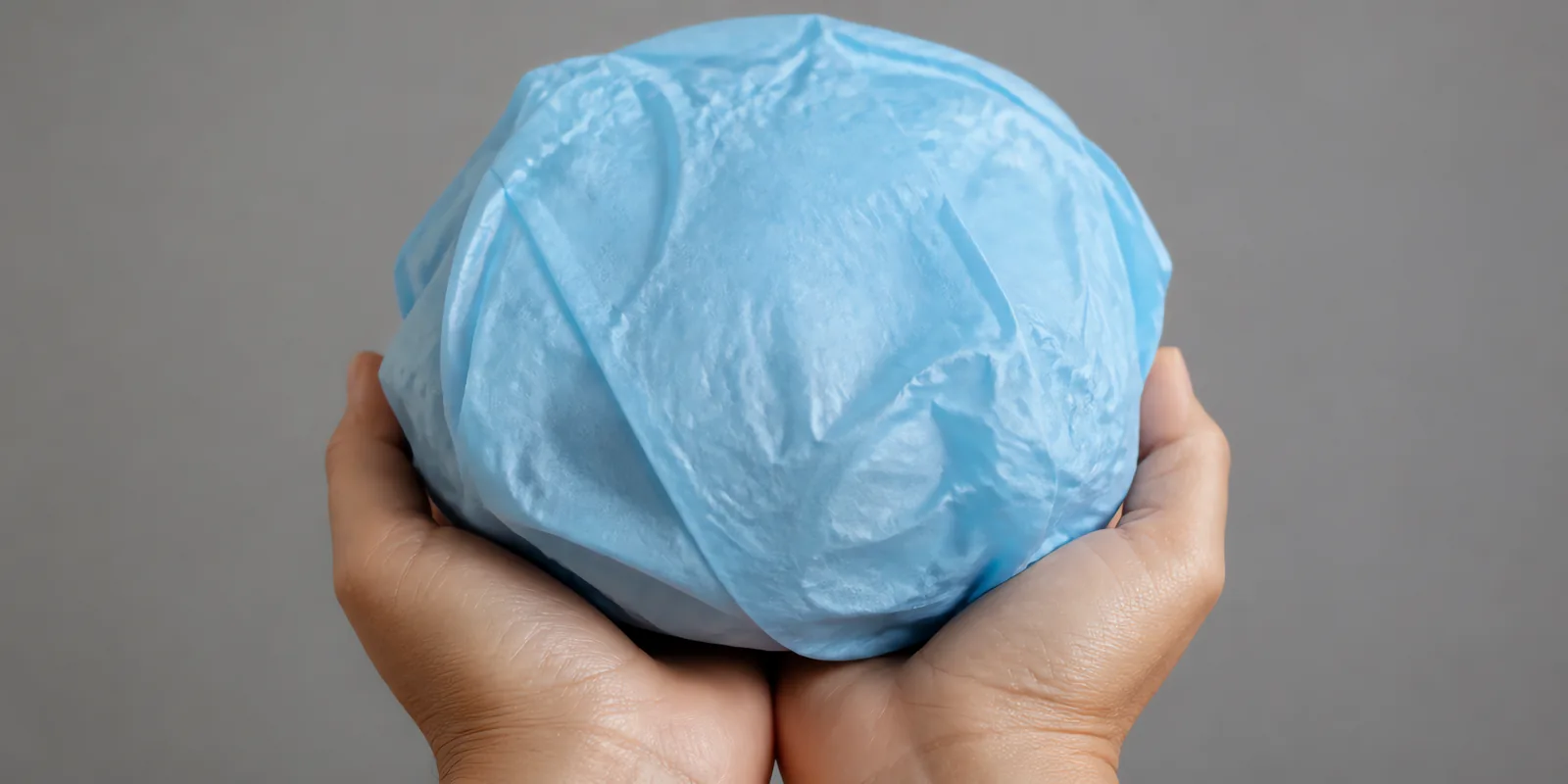 Manos sosteniendo desde abajo un envoltorio de papel seda celeste pastel