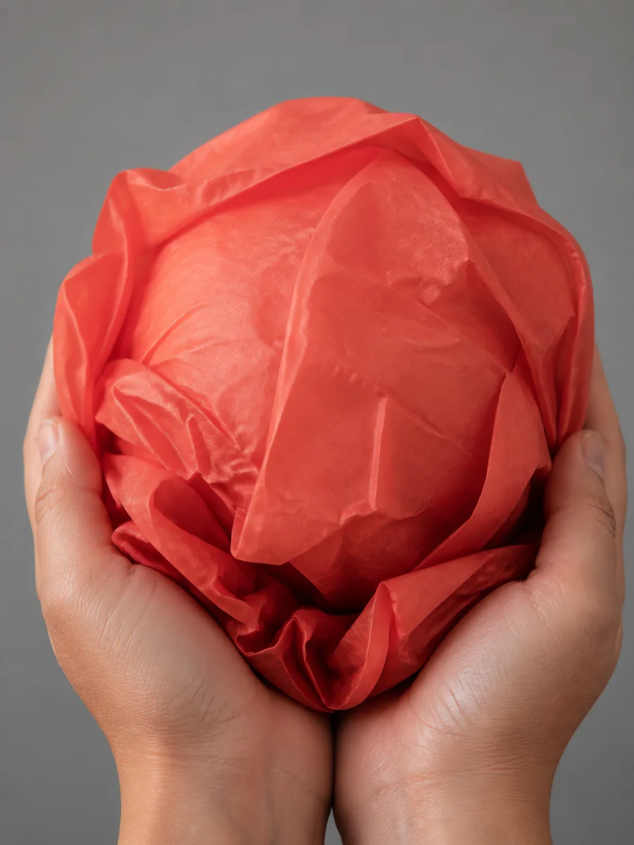Manos sosteniendo desde abajo un envoltorio de papel seda coral intenso