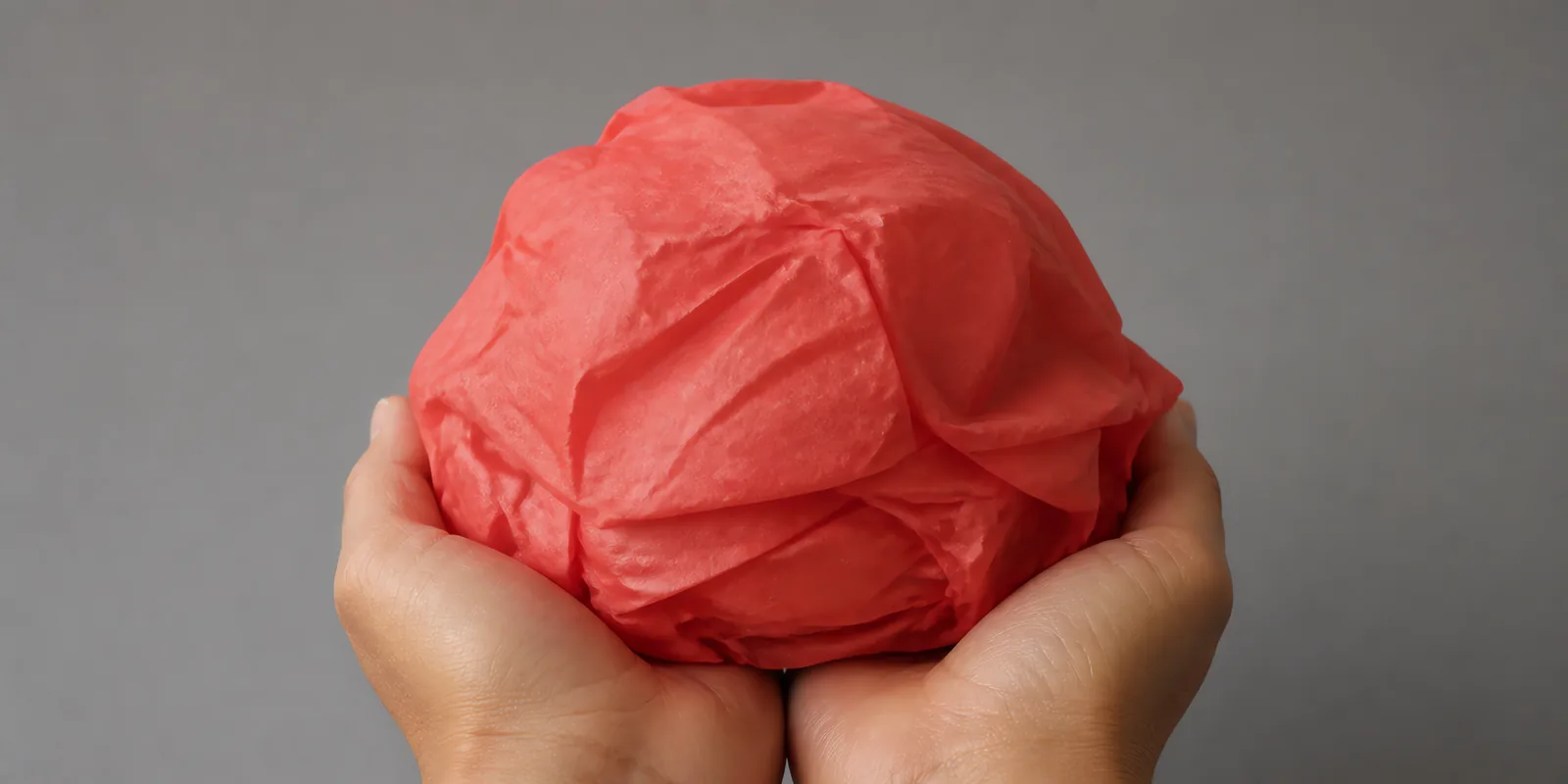 Manos sosteniendo desde abajo un envoltorio de papel seda coral