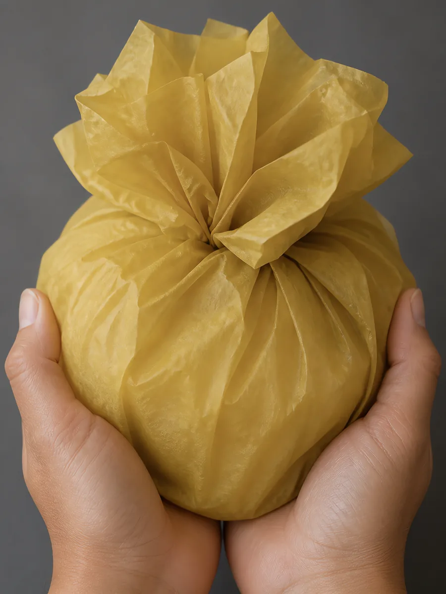 Manos sosteniendo desde abajo un envoltorio de papel seda dorado