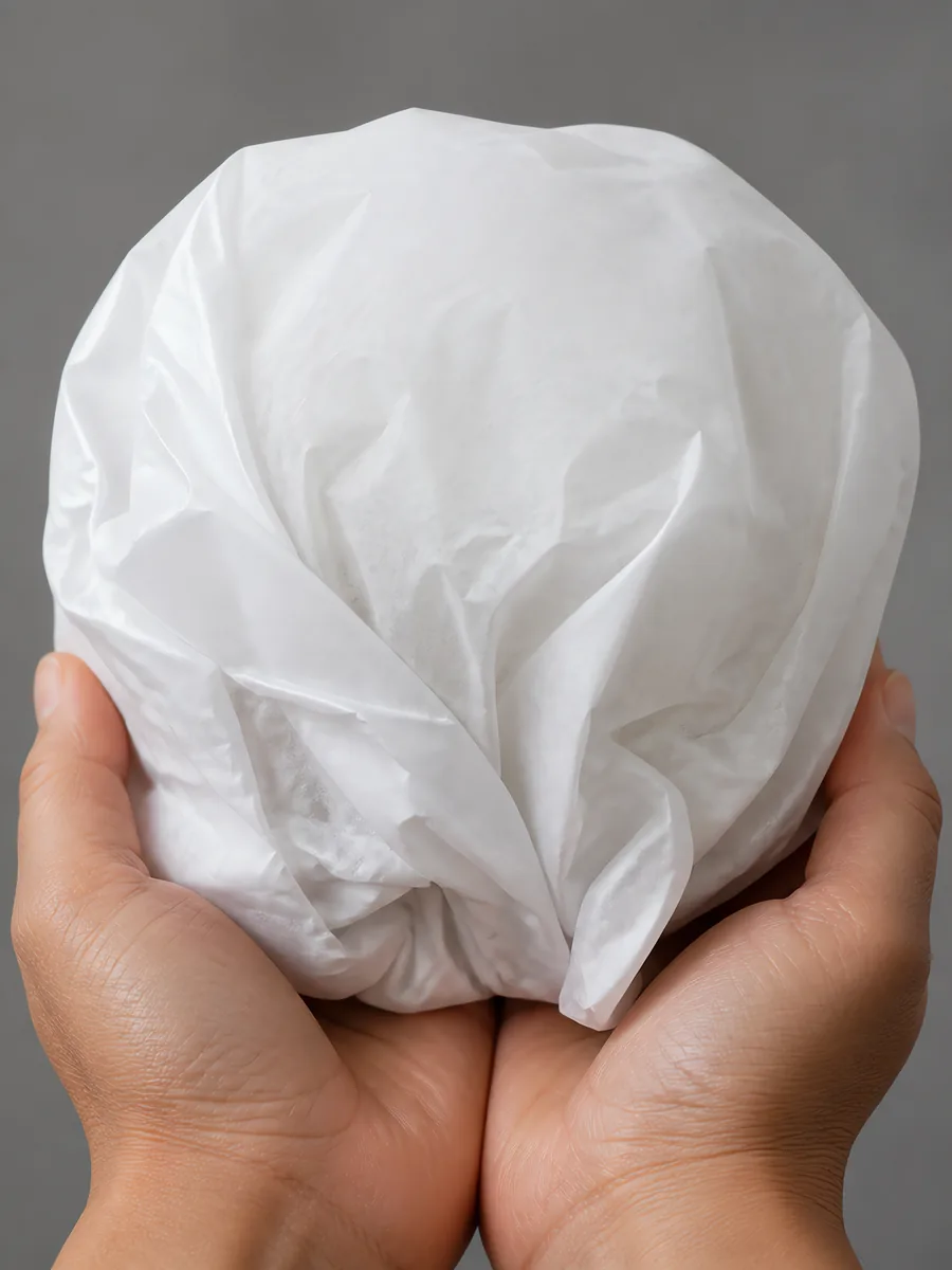 Manos sosteniendo desde abajo un envoltorio de papel seda gris acero