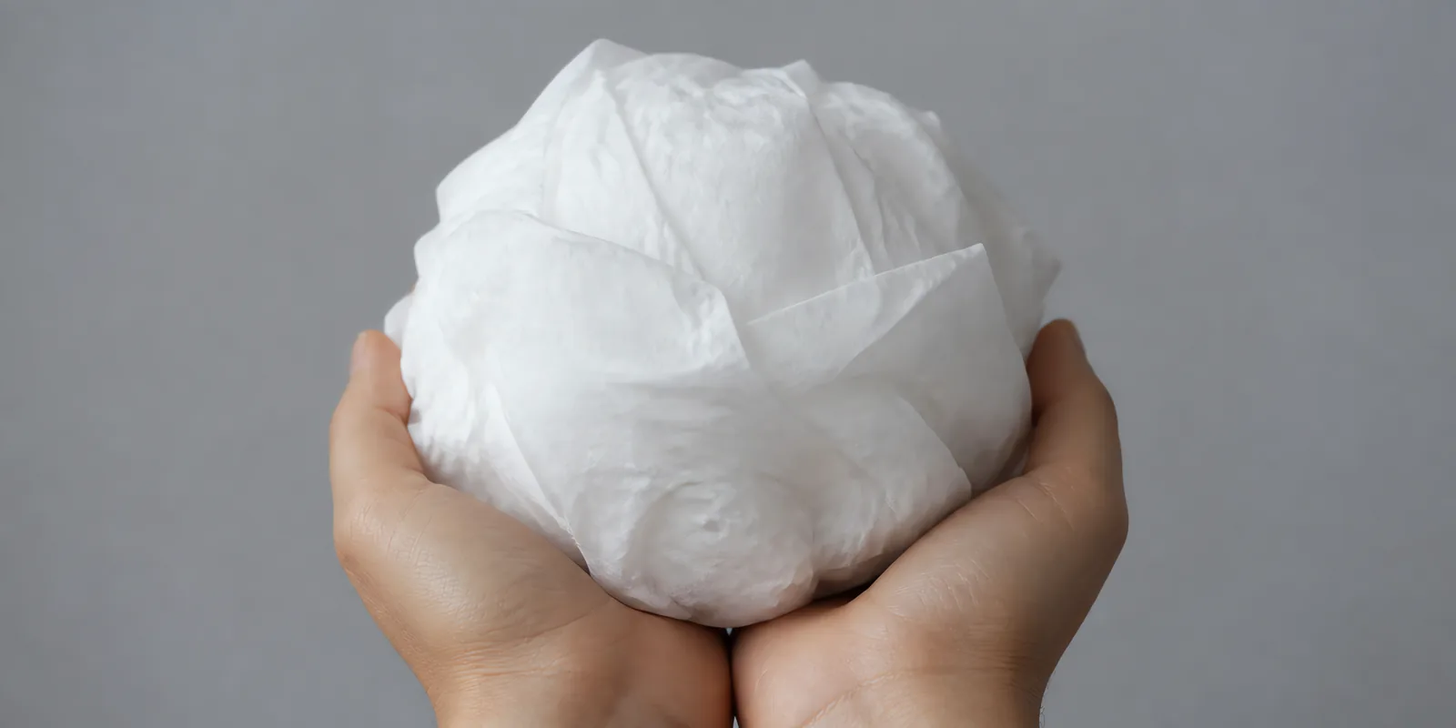 Manos sosteniendo desde abajo un envoltorio de papel seda gris acero