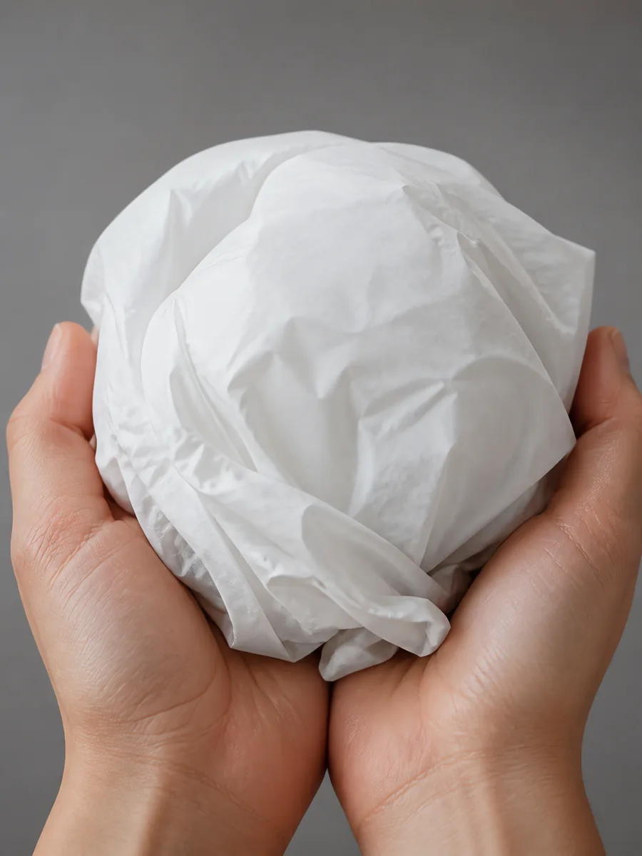 Manos sosteniendo desde abajo un envoltorio de papel seda gris aluminio