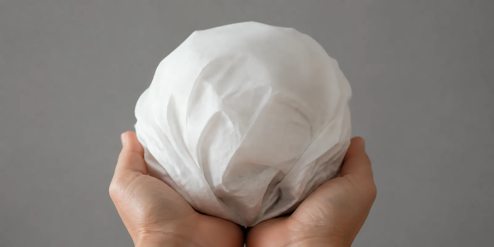 Manos sosteniendo desde abajo un envoltorio de papel seda gris aluminio
