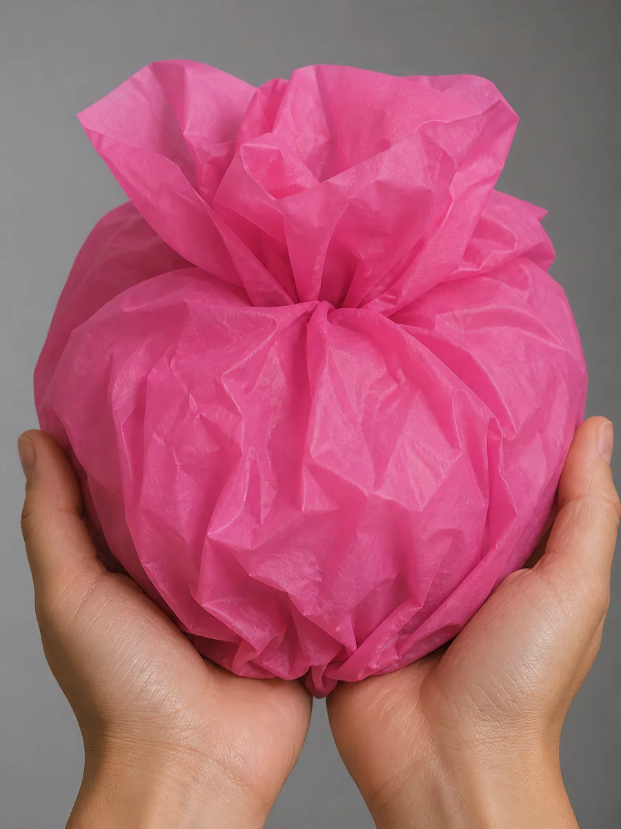 Manos sosteniendo desde abajo un envoltorio de papel seda magenta