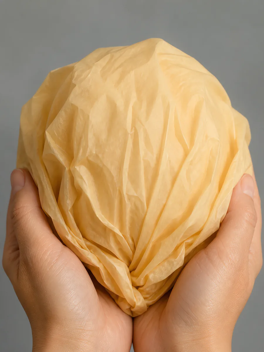 Manos sosteniendo desde abajo un envoltorio de papel seda naranja pálido