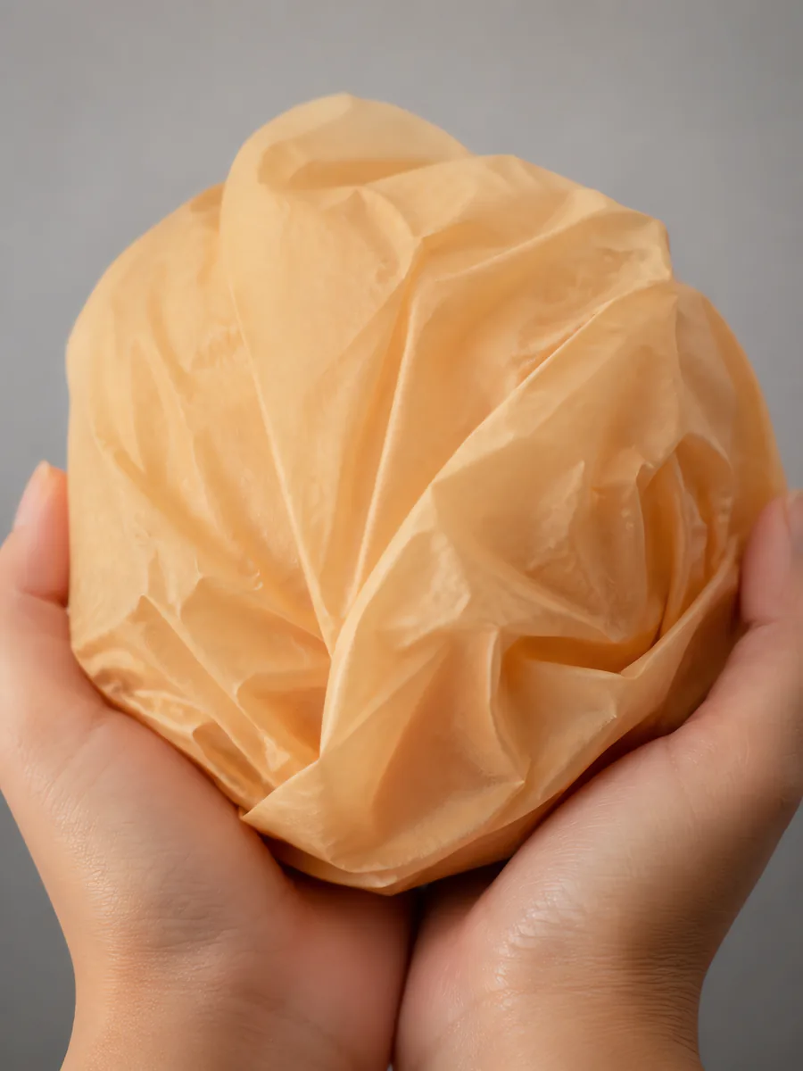 Manos sosteniendo desde abajo un envoltorio de papel seda naranja perlado