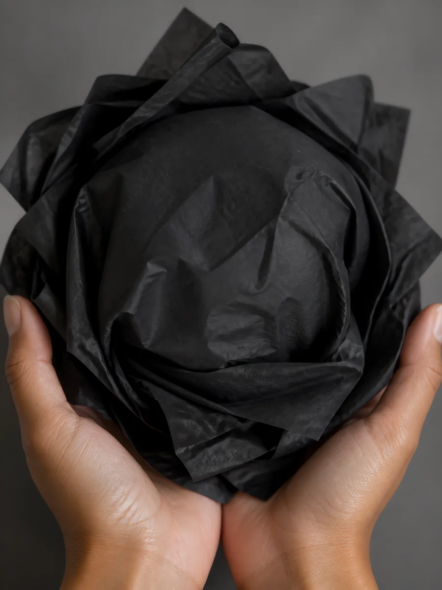 Manos sosteniendo desde abajo un envoltorio de papel seda negro