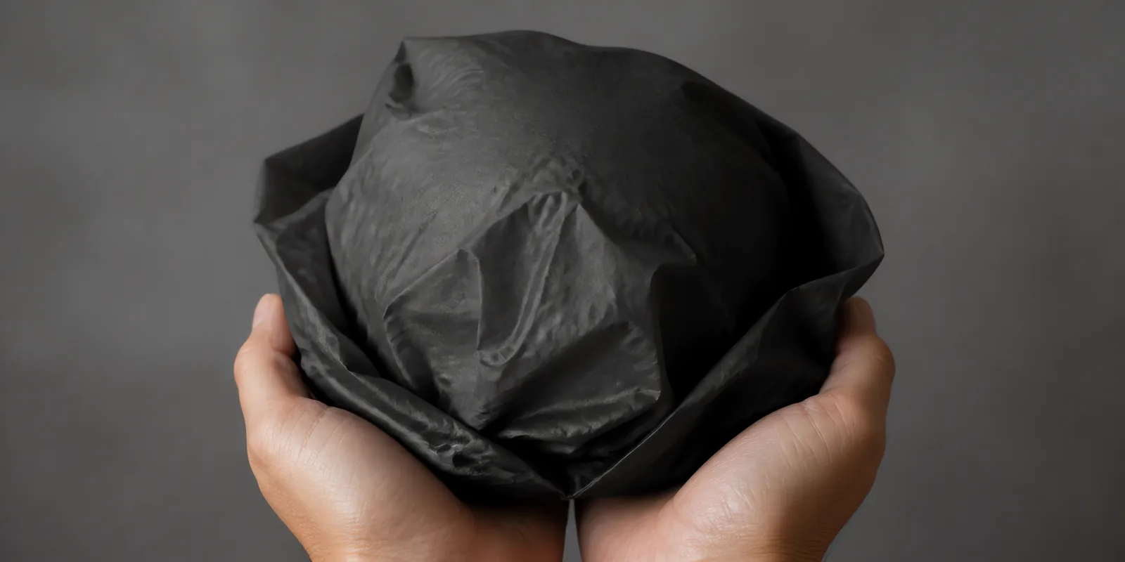 Manos sosteniendo desde abajo un envoltorio de papel seda negro