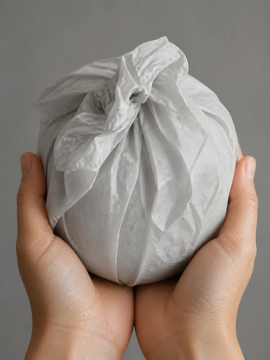 Manos sosteniendo desde abajo un envoltorio de papel seda plateado