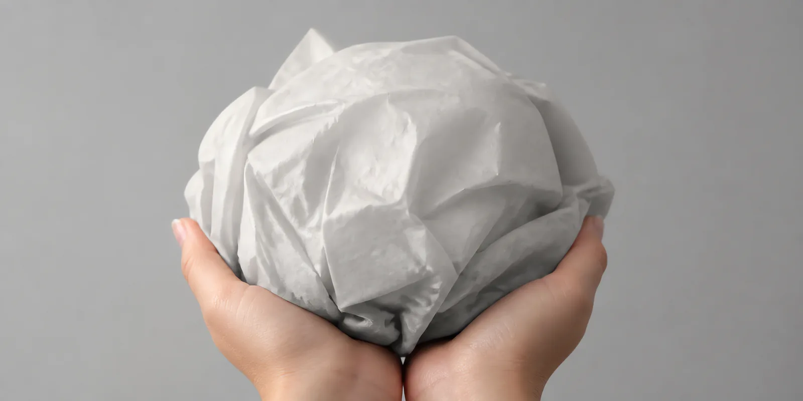Manos sosteniendo desde abajo un envoltorio de papel seda plateado