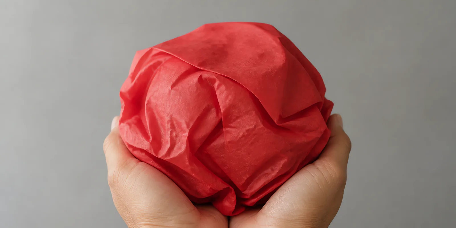 Manos sosteniendo desde abajo un envoltorio de papel seda rojo carmesi