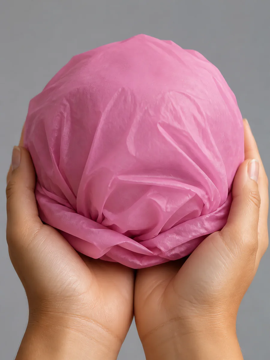 Manos sosteniendo desde abajo un envoltorio de papel seda rosa chicle