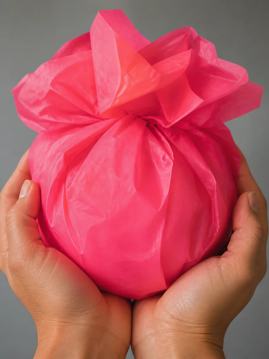 Manos sosteniendo desde abajo un envoltorio de papel seda rosa fluor